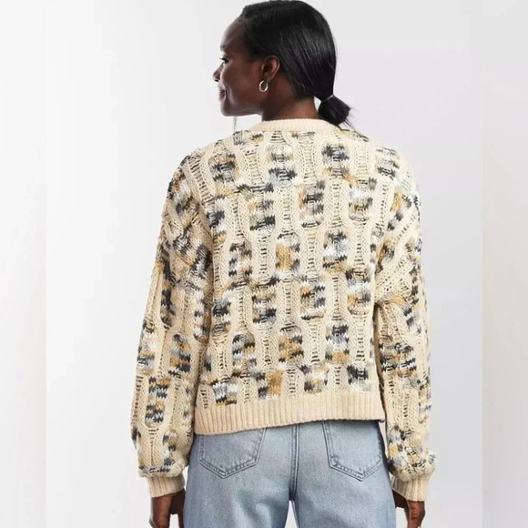 Gilded Intent Cable Knit Cardigan Sweater Cream Blue Camel Tones Size Small - Picture 4 of 12